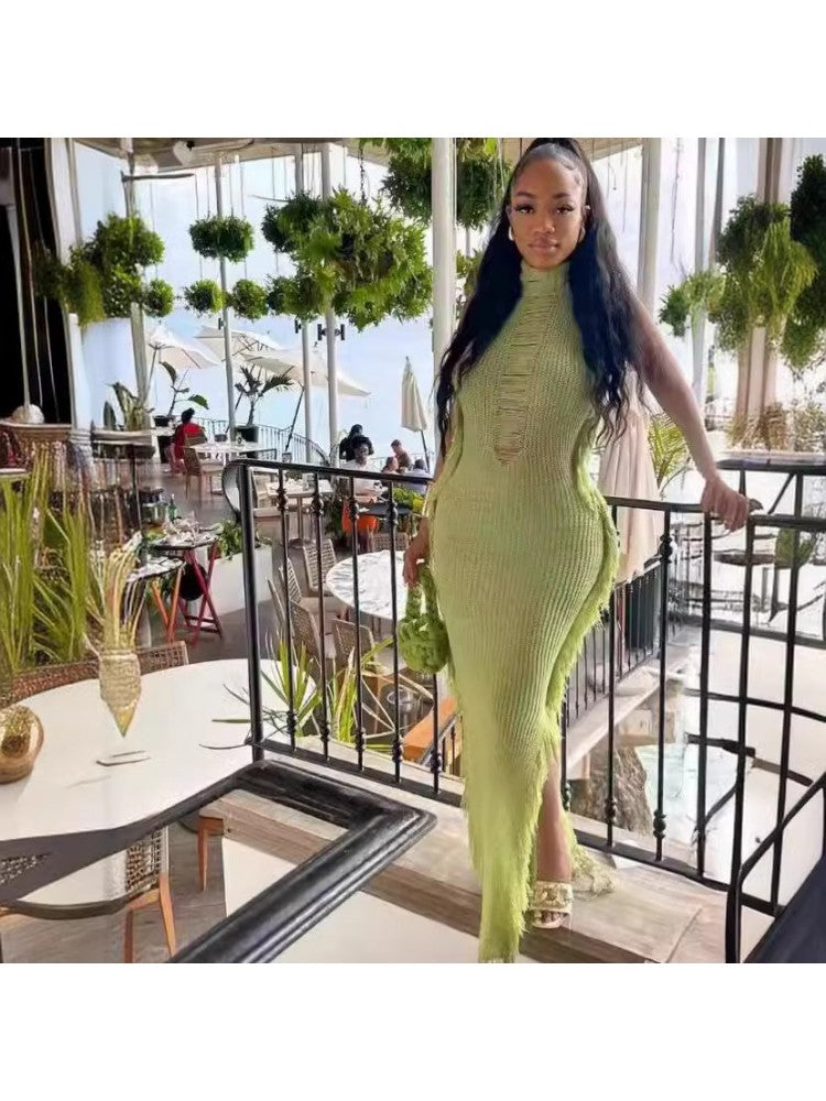 TWIRL AWAY CROTCHET LONG GREEN DRESS