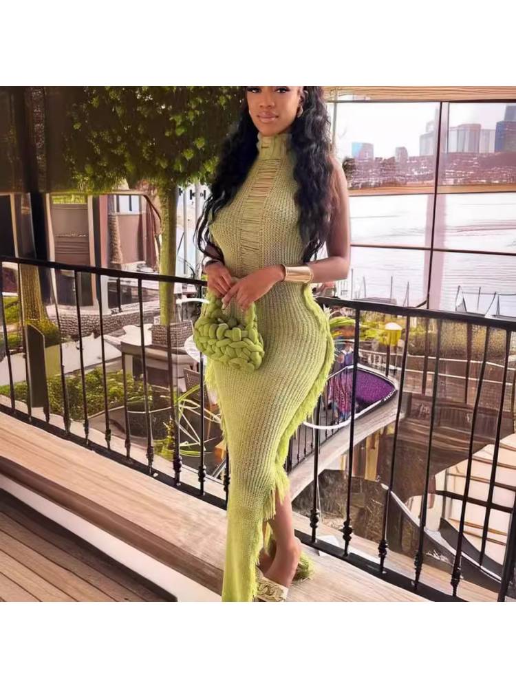 TWIRL AWAY CROTCHET LONG GREEN DRESS